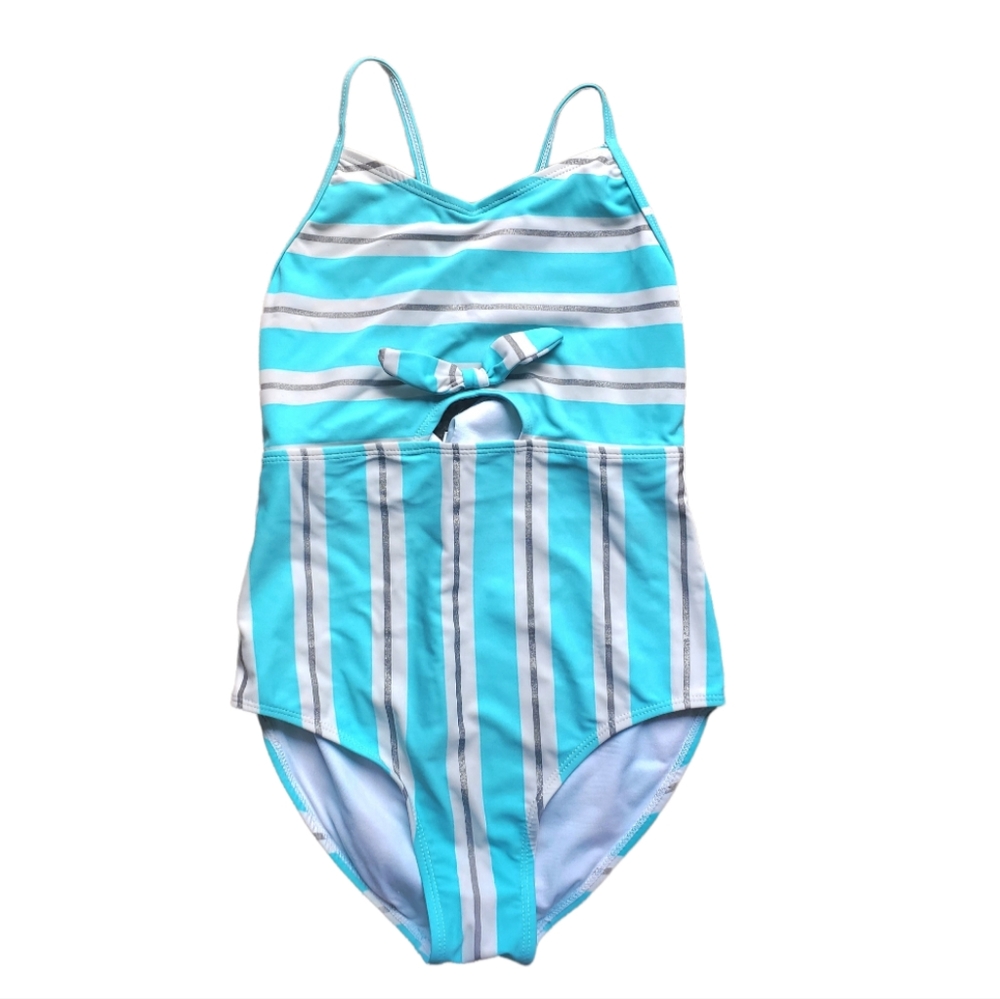 Girl's aqua/white/silver striped one piece swimsuit with bow in front size 10/12